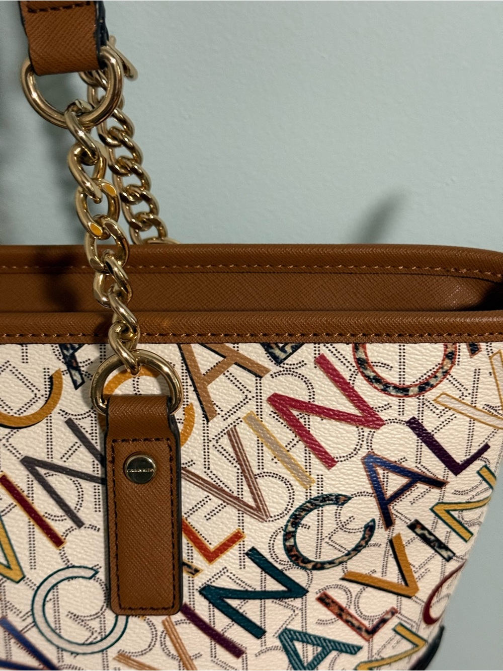 Calvin Klein Multicolor Logo-Print Structured Tote with Tan Trim and gold tones! - Picture 4 of 11
